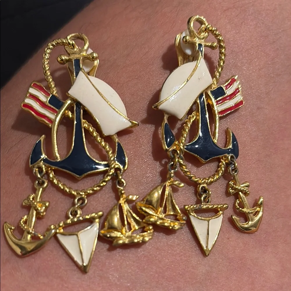 Nautical Gold and Blue Earrings - Picture 5 of 5
